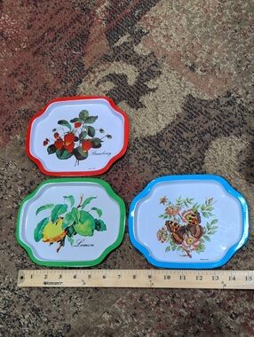 Set of 3 Decorative Fruit & Floral Metal Serving Trays (Red, Green, Blue) Small